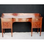 Mahogany and inlaid sideboard, the three-quarter gallery over crossbanded and herringbone top over