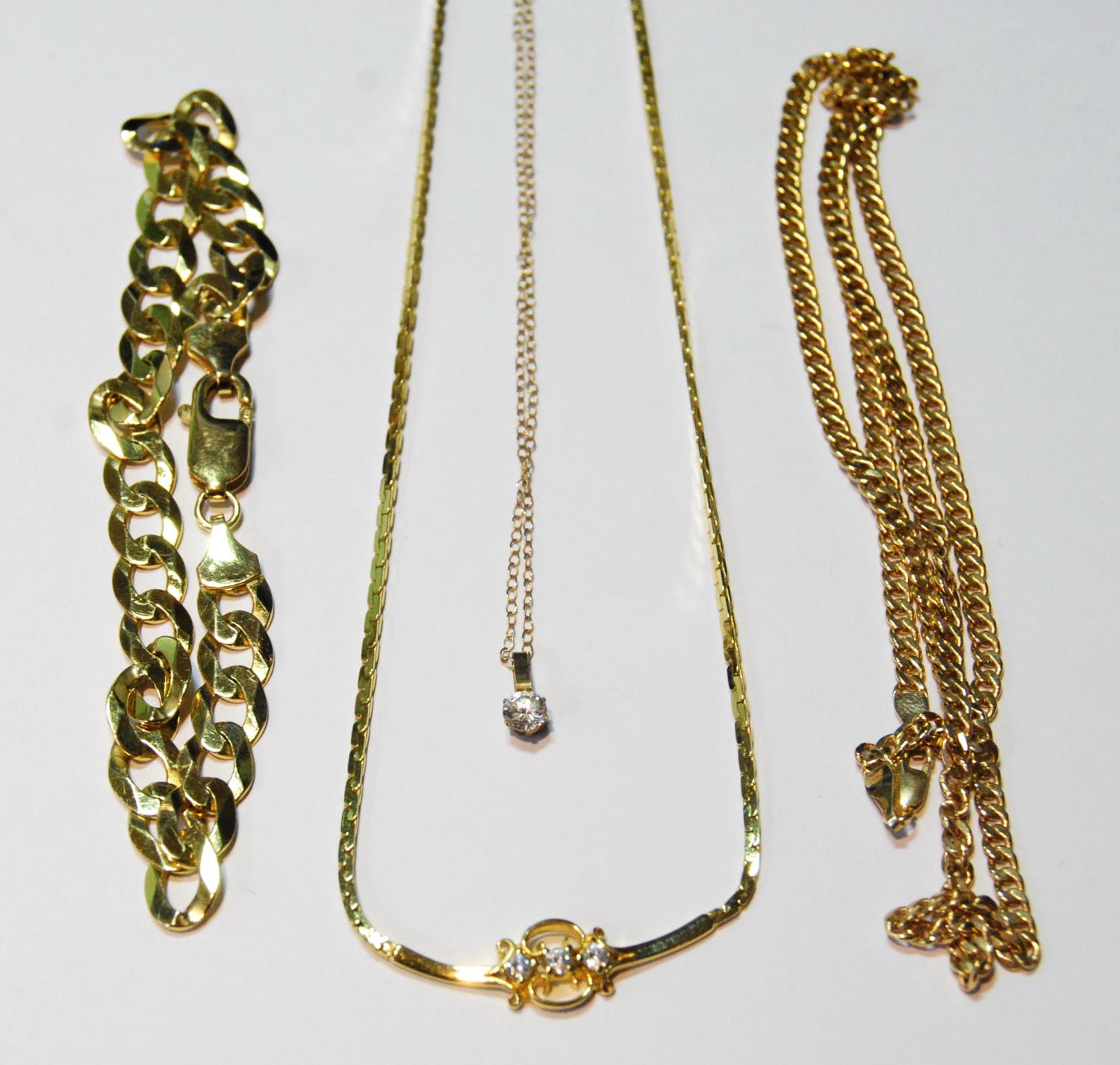 Three 9ct gold necklets and a similar curb bracelet, 20g.   (4)