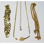 Three 9ct gold necklets and a similar curb bracelet, 20g.   (4)