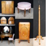 Art Nouveau walnut bedroom suite comprising of a three-door wardrobe, pair of single beds,