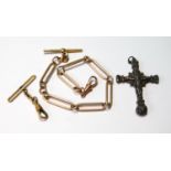 Gold watch guard of fetter and ring pattern, 9ct, also a silver crucifix, ‘930’, 26g.  (2)