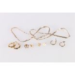 Four pairs of 9ct gold earrings, 4.6g and a tricolour gold matching woven necklace and bracelet, 5g,