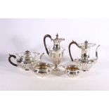 Edwardian Art Nouveau period silver five-piece teaset with gadrooned decoration by Walker and