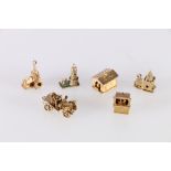 Six 9ct gold hallmarked charms including Dog House, Punch and Judy Theatre, Car, two Churches and