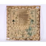 Early 19th century needlework sampler with verse "See the leaves around us falling...", animals,