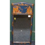 Chinoiserie lacquered trumeau wall mirror decorated with Chinese figures and temple, 65cm x 30cm