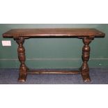 19th century rustic oak refectory style side table raised on trestle base with turned columns united