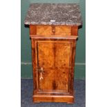 19th century square section walnut put cupboard with marble top, single frieze drawer above panel