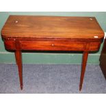 19th century mahogany turn over tea table with single frieze drawer raised on square tapering