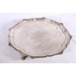 George V silver salver with pie crust edge and presentation inscription "Presented to Dr Adam Barr