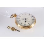 18ct gold cased open face key winding pocket watch, the works engraved for Pennington of