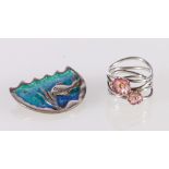 Silver and enamel aquarium brooch and a silver and enamel fashion ring by maker SD, (2)