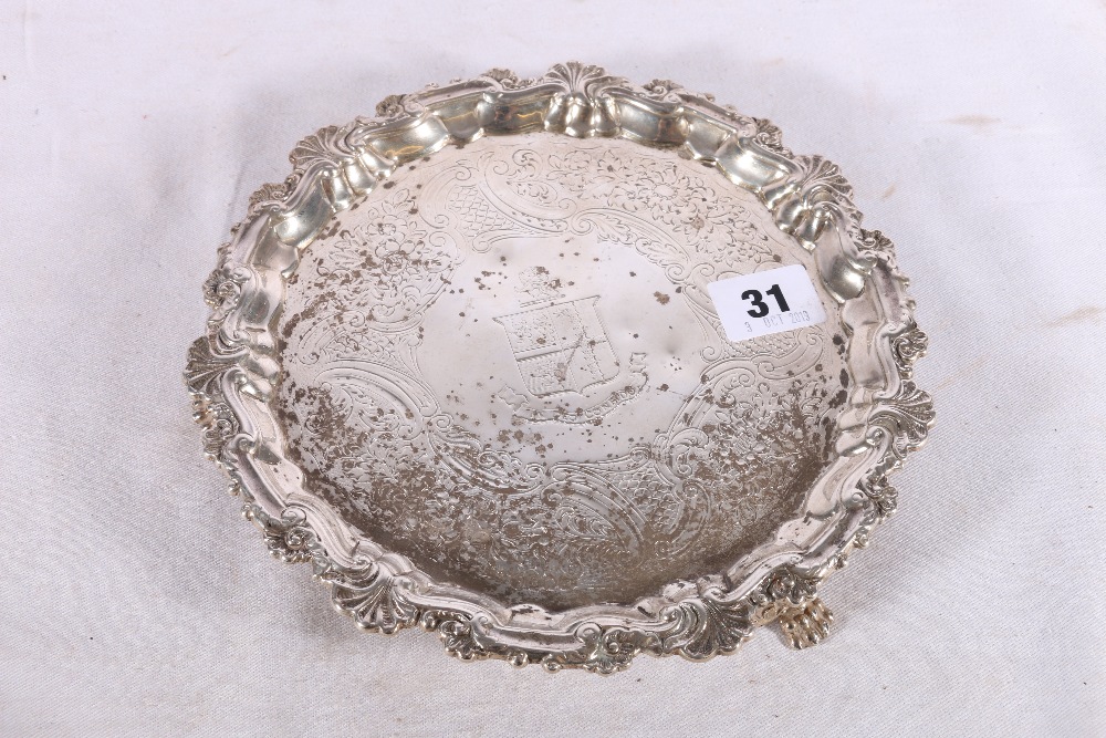 George IV silver salver with "In Deo Confido" crest and engrvaed scroll decoration by Joseph