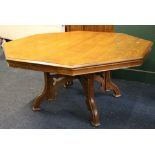 Arts and Crafts Puginesque oak centre or library table with octagonal top, the base with carved