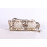 Edwardian Art Nouveau period silver inkwell desk stand with pierced scroll border and twin hobnail