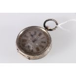 Swiss 935 grade silver open faced key winding pocket watch with silver dial, subsidiary seconds