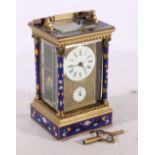 French repeater carriage clock with cloisonne decoration to the columns and the borders, the