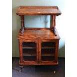 Victorian rosewood, marquetry and string inlaid music cabinet with brass gallery rail raised on