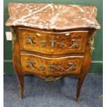 French bombe shaped commode with marble top, serpentine front with ormolu mounts and sabots raised