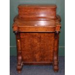 Victorian burr walnut and marquetry inlaid Davenport desk, with hinged top stationary compartment,