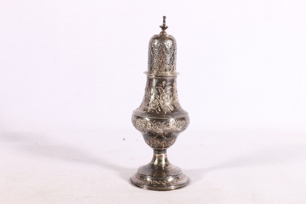 George III silver sugar caster of baluster form with floral chased engraving by Peter & William