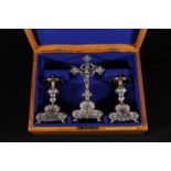 Ecclesiastical silver altar cross and pair of matching altar candlesticks by Frederick Dendy Wray,