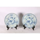 Pair of antique English delft tin glazed plates decorated with tree pattern, 23cm diameter