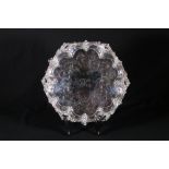 Victorian silver salver with scroll border and scroll engraved field by Robinson, Edkins & Aston,