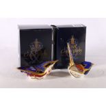 Two Royal Crown Derby porcelain bird paperweights, Fairy Wren and Nuthatch, both boxed