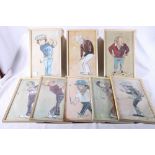 TIM HOLDER, a set of eight framed caricature prints of golfers including Tom Watson, Arnold