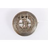 Scottish white metal plaid brooch with design of St Andrew on the cross within thistle wreath,