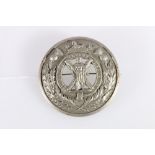 Scottish white metal plaid brooch with design of St Andrew on the cross within thistle wreath, "NEMO