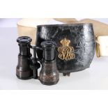 Victorian leather binocular pouch belt with gilt metal badge of Queen's crown over VR cypher