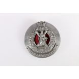 Scottish white metal plaid brooch of the Royal Scots with Queen's crown over thistle wreath with