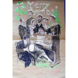 Large painted poster of WW II sailors and a Marine having a Christmas sing song. 52cm x 77cm.