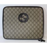 Gucci padded tablet case in brown and beige with double G loco, impressed no. 196264 and 493075,