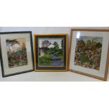 Two mid 20th century polychrome silk embroidered pictures of gardens by Annie Bell, 31cm x 21cm