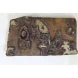 Carved wooden floral textile printing block, 44cm x 23cm.