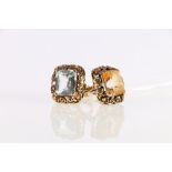 Pair of 9ct gold  rings with bead and scroll borders, one citrine the other probably aquamarine,
