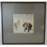 Early 20th century Japanese woodcut print of dancing frogs with bull rushes, signed with