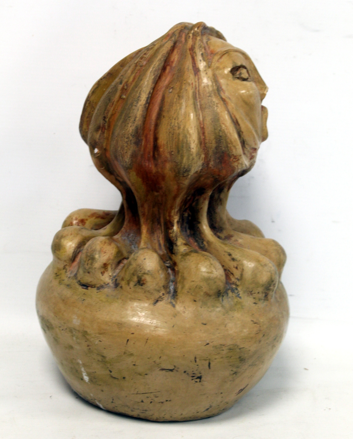 20th century Iranian Modernist terracotta sculpture of a female head on globular base, heightened - Image 3 of 7