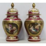 Pair of German Rudolstadt Ackermann Fritze covered baluster vases, the hand painted panels titled "