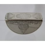 Early 18th century silver tumbling snuff box of semicircular shape with engraved arabesques,