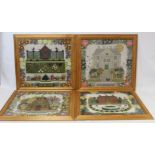 Four 20th century polychrome wool cross stitch needlework pictures representing the seasons,