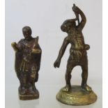 Small cast bronze figure of a classical Greek or Roman man, 10cm high; also another of a bearded man
