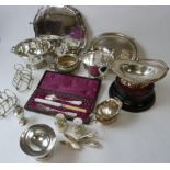 A tray and swing handled basket and various other items.