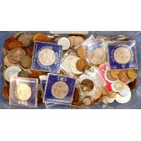 Box of various coins.