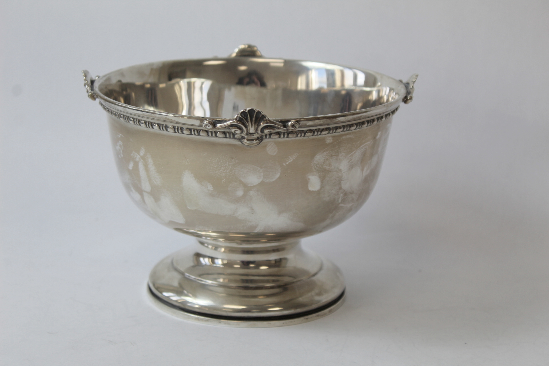 Silver rose bowl, hemispherical with applied scallops and scrolls on moulded foot, Nathan & Hayes,
