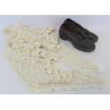 Pair of antique clogs with leather uppers, a crocheted cream wool shawl. (2).