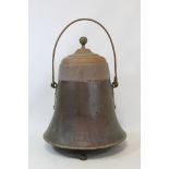 19th century copper and brass covered pail of bell form on three reeded knop feet with finialled